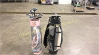 Men's and woman's golf clubs with golf bags