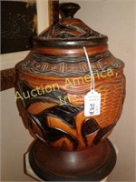 Wooden Jar w/ Lid Carved 14"T