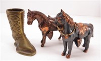 (2) Vtg Western Metal Horses & Brass Boot Vase