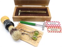 Shaving Brush, Brass Razor in Wood Box, Plus..