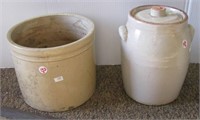 Vintage crock and a crock jar with lid. Tallest