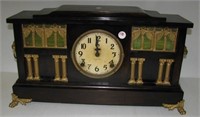 Vintage Ingraham wood mantle clock with key.