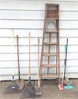 wooden ladder, yard tools, misc