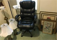 office chair, lamps, pictures