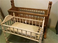 oak swinging cradle, doll bed on wheels