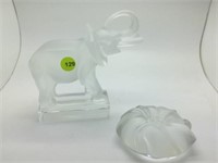 2 PC LALIQUE - ELEPHANT & FLOWER PAPERWEIGHT - 6"