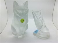 2 PC LALIQUE - CAT (SMALL CHIP ON EAR) & BIRD - 6.
