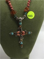 GEMSTONE BEAD NECKLACE WITH STERLING SILVER CROSS