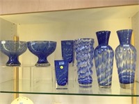 SHELF LOT OF 7 ART DECO BLUE GLASS VASES - LOCAL P