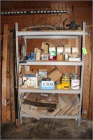Metal Shelf w/Contents Tools, Wood Stain, & more