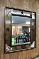 Mirror w/ Wood Frame, w/TX Star/Cow Hide Decor