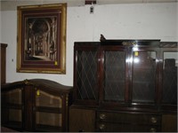 China cabinet, picture frame, and antique display