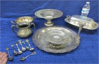 old silver plated items & 7 collector spoons