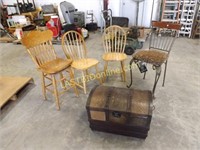 WROUGHT IRON CHAIR, BAR STOOL, 2 CHAIRS, TRUNK