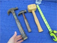 2 old hammers & wooden mallot