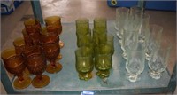 Eight Amber Hobnail Glasses, Eight Green Goblets