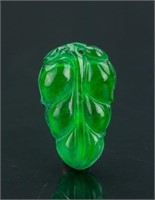 Chinese Green Jadeite Carved Leaf Pendant