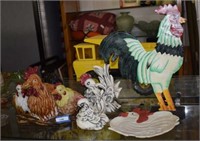 Metal Rooster on Wood base, Rooster Dish, Hen &