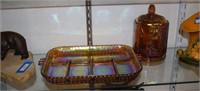 Carnival Glass Divided Tray and Jar with Lid