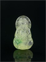 Chinese Icy Yellow Jadeite Carved Guanyin Pendant