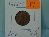 1952-S "SJ" Error Wheat Penny