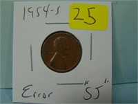 1954-S "SJ" Error Wheat Penny