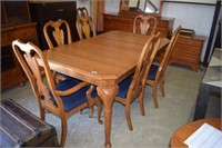 Set of Eight Oak Dining Chairs w/ Blue Upholstered