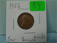 1953 Unicorn Lincoln Error Wheat Penny