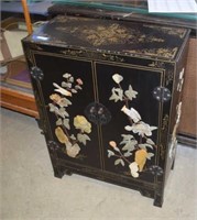Black Oriental Cabinet w/ Carved Painted Figurines