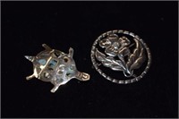 Two Sterling Silver Brooches - One is Turtle w/