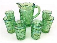 Fenton Green Carnival Glass Mini Pitcher & Cups