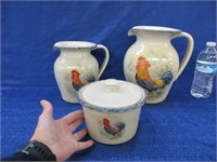rooster pottery pitchers & lidded jar set - usa