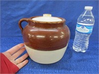 older brown-white stoneware crock & lid