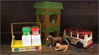 Fisher price school,bus and milk jug case with a