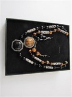 New Earring 2 Necklaces Set Black & Tiger Eye