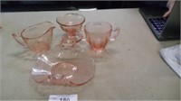 4 pieces of pink depression glass, creamer, sugar,