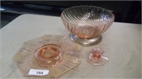 Pink depression cake plate, candle holder and pink