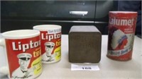 Calumet baking powder tin, Lipton tea tin, 2 Lipto