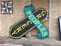 large Peoples Grocery wood sign-turq & black