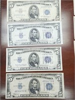 4 PC $5 SILVER CERTIFICATE NOTES 3X1934 1X1953