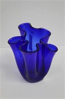 Cobalt Blue Art Glass Vase with Fluted