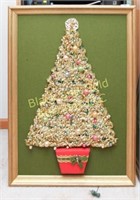 Framed multi-media Christmas tree art, lighted