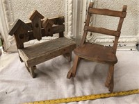 Wooden Folding Doll Chair and Little Wooden Bench