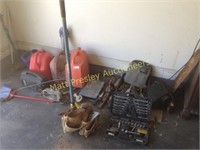 LOT OF TOOLS, GAS CANS AND MISC.