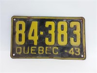 Plaque d'immatriculation Québec 1943