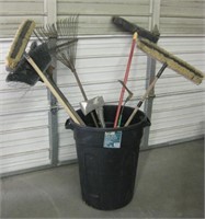 Trash Bucket w/ Brooms, Axe, Clippers, Rake, etc