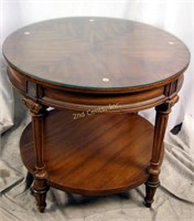 Mid Century Pecan Wood 26" Round Drum Lamp Table