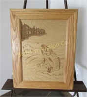 Oak Framed Engraved/Etched Wood Picture