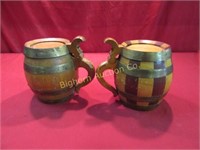 Wooden Barrel Mugs w/ Hinged Lids, 2pc Lot