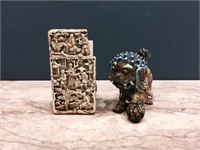 CARVED CARD CASE AND VERMEIL SILVER NAMELLED LION